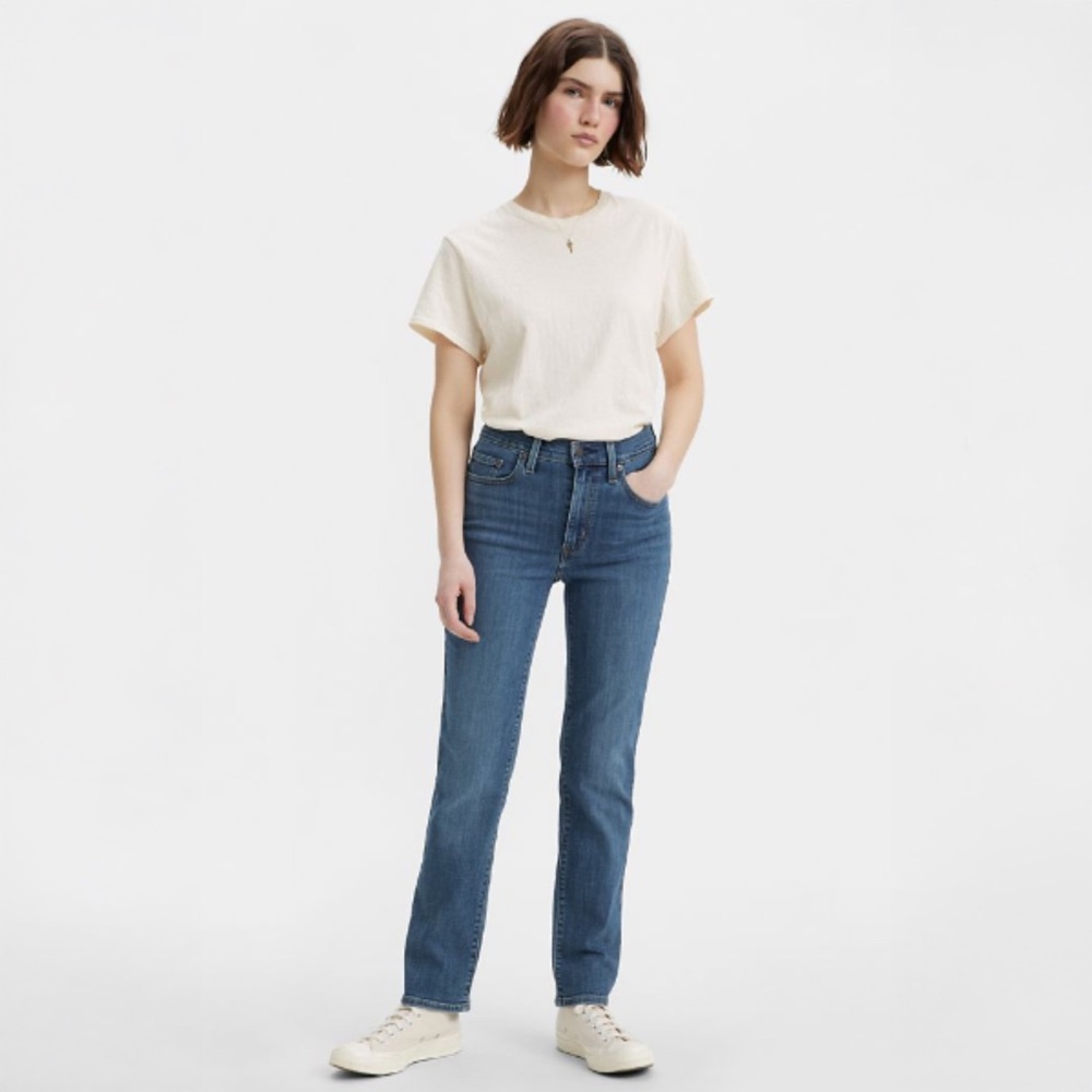 High Rise Straight Jeans in Medium Blue - Women's